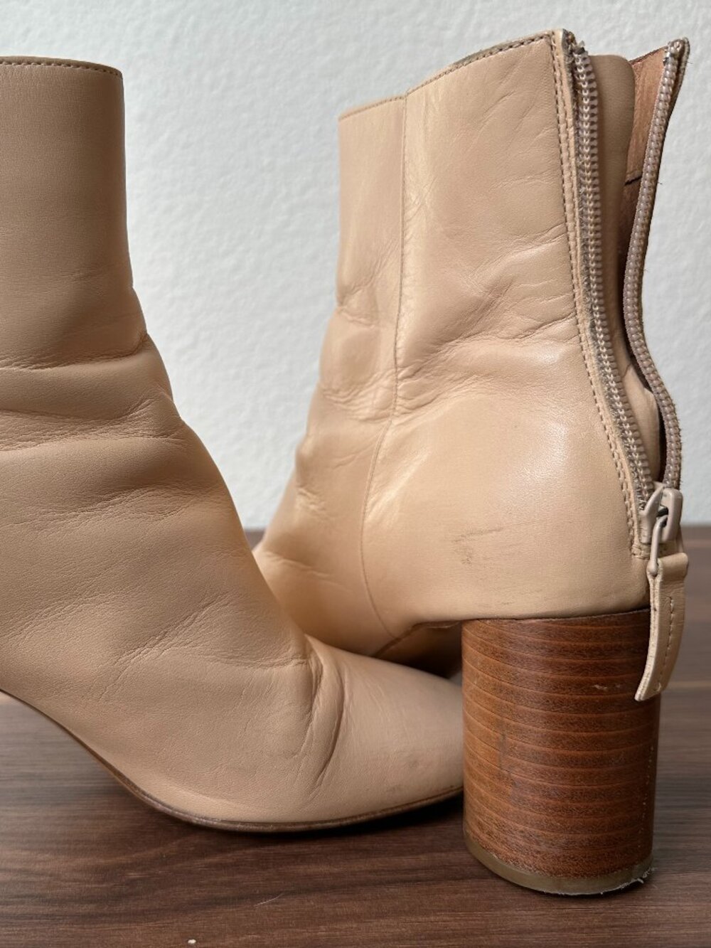 Sandro Paris Sacha Beige Leather Block Heel Ankle Boots Size 36